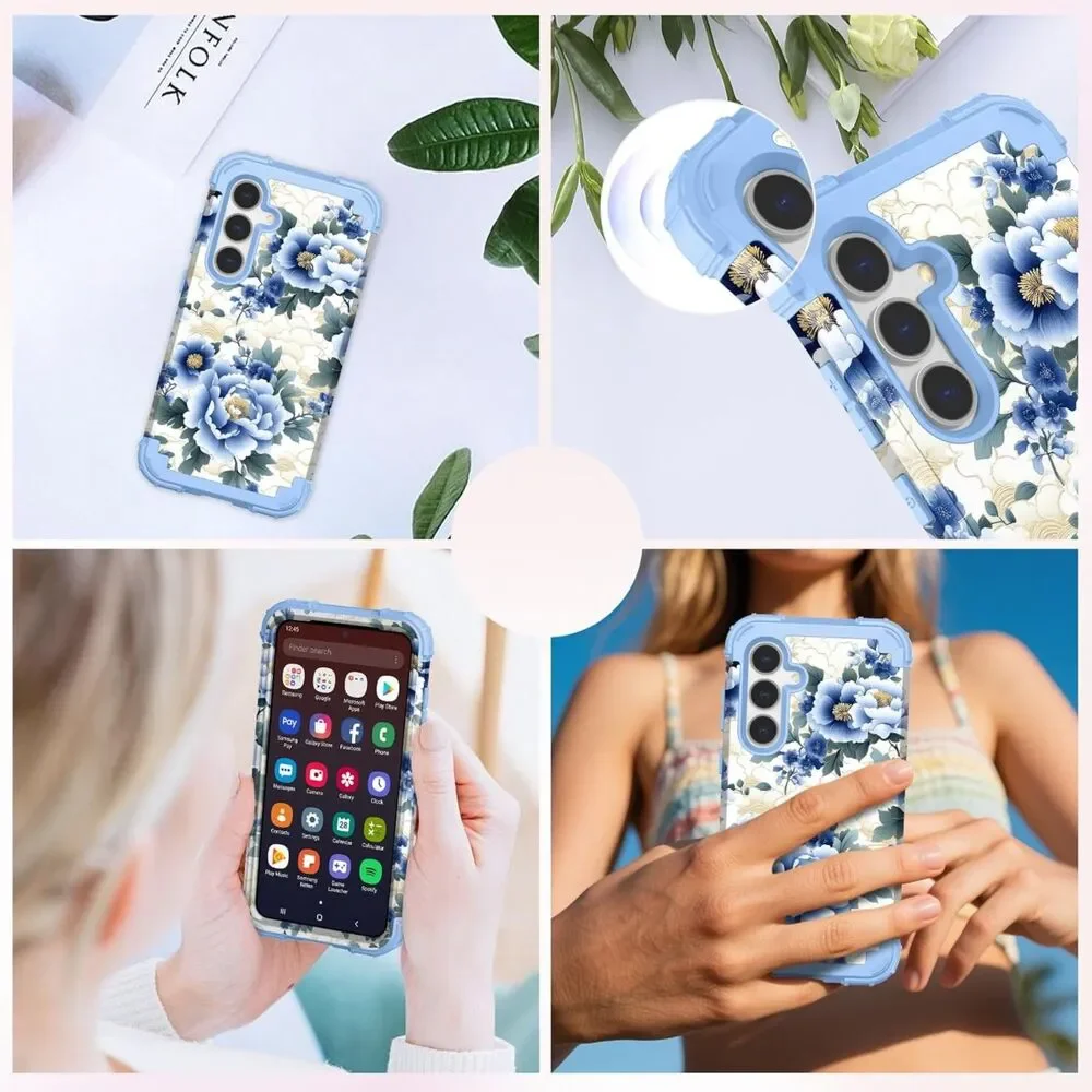 Flower Pattern Compatible with Samsung Galaxy S25 Full-Body Protective Blue